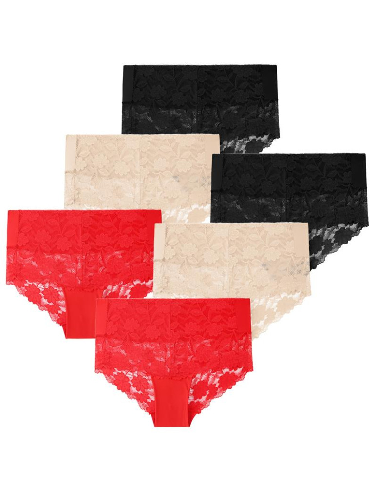 Majtki damskie figi z wysokim stanem koronkowe 6-pak WIELOKOLOROWY