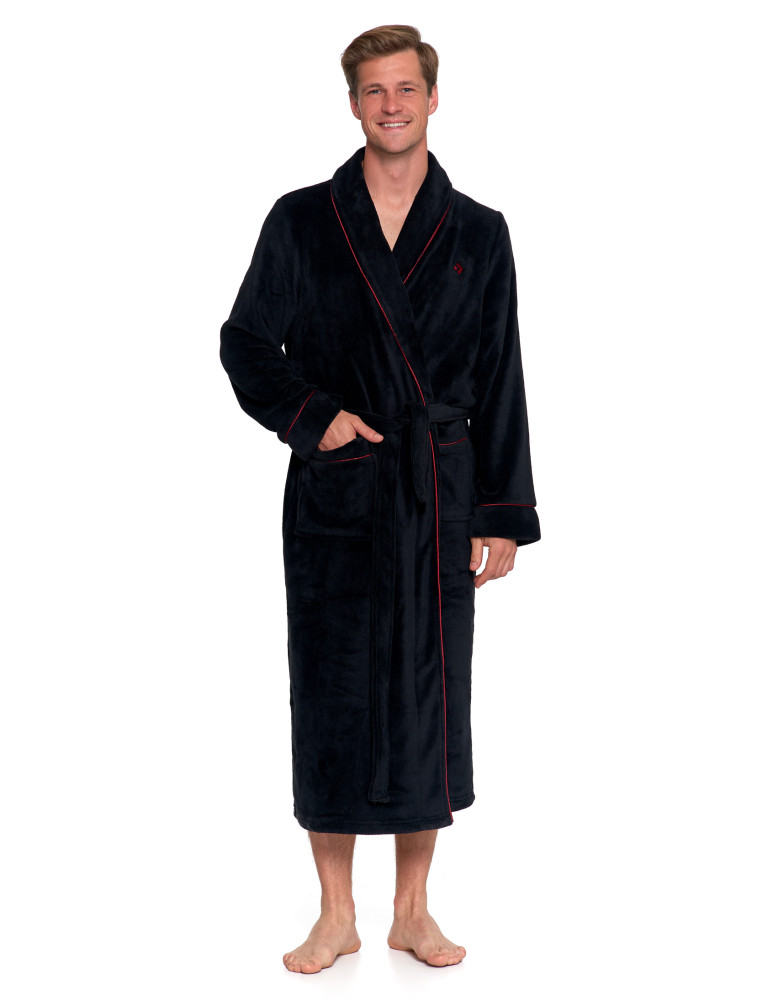 Szlafroki - Ciepły szlafrok męski długi z wiązaniem CZARNY - produkt moraj.pl 1