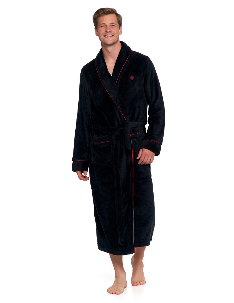 Szlafroki - Ciepły szlafrok męski długi z wiązaniem CZARNY  - produkt moraj.pl 3