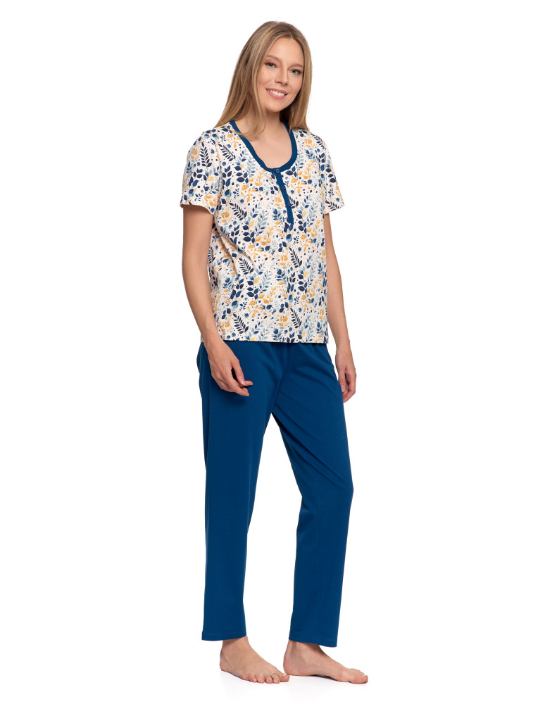 Krótki rękaw - Piżama damska bawełniana z koszulką rozpinaną GRANATOWY - produkt moraj.pl 4