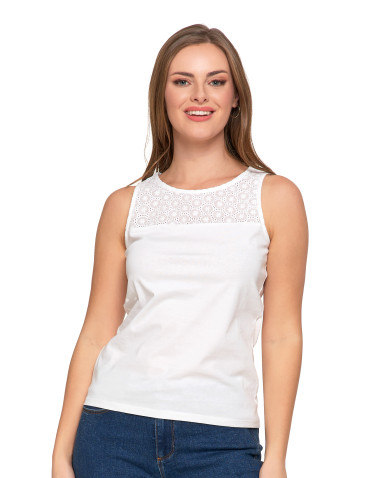 Koszulki i T-shirty - Damska bluzka bez rękawów bawełniana z ażurowym wykończeniem BIAŁY - produkt 5