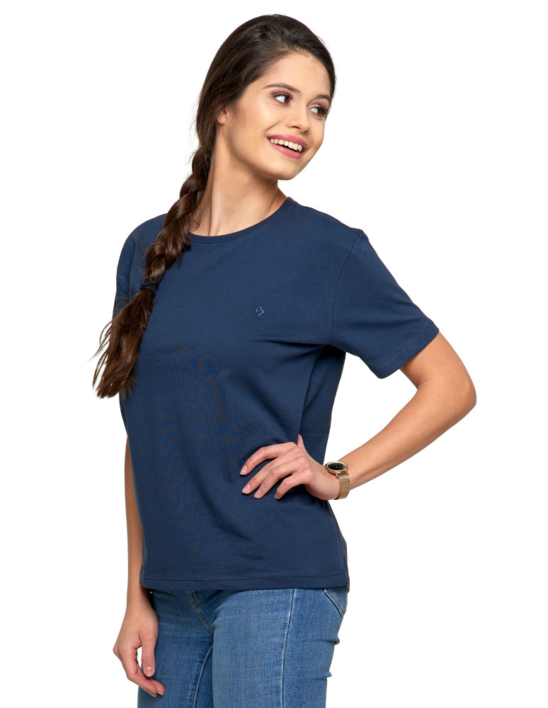 Koszulki i topy - Koszulka damska bawełna Premium T-shirt dekolt okrągły GRANATOWY - produkt moraj.pl 6