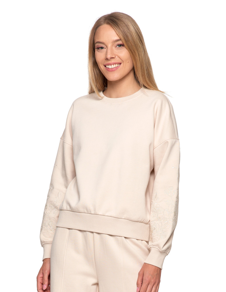 Bluzy - Bluza dresowa damska ocieplana luźna z haftowanymi rękawami KREMOWY  - produkt moraj.pl 5