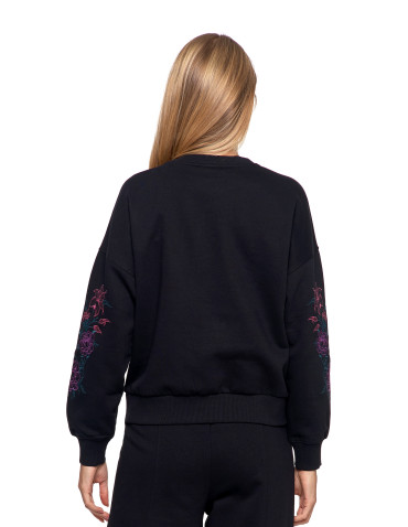 Bluzy - Bluza dresowa damska ocieplana luźna z haftowanymi rękawami CZARNY - produkt 6