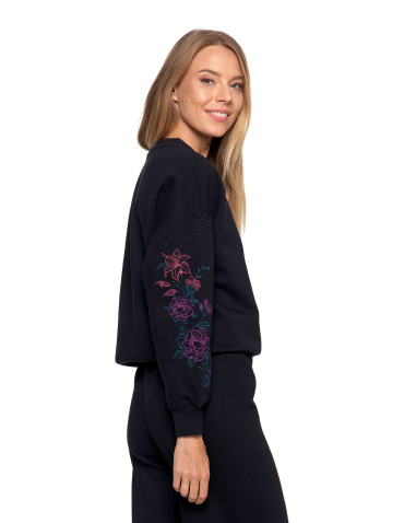 Bluzy - Bluza dresowa damska ocieplana luźna z haftowanymi rękawami CZARNY - produkt 8