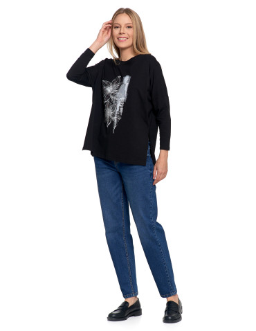 Bluzki i koszule - Bluzka damska bawełniana z nadrukiem kwiatowym i rękawem 3/4 CZARNY - produkt 8