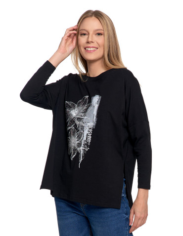 Bluzki i koszule - Bluzka damska bawełniana z nadrukiem kwiatowym i rękawem 3/4 CZARNY - produkt 4