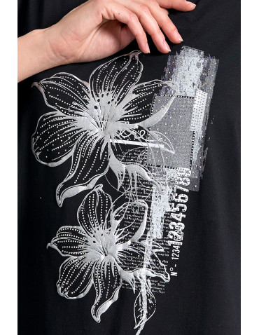 Bluzki i koszule - Bluzka damska bawełniana z nadrukiem kwiatowym i rękawem 3/4 CZARNY - produkt 3