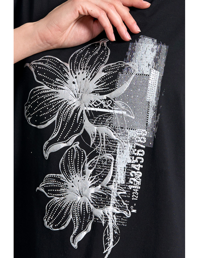 Bluzki i koszule - Bluzka damska bawełniana z nadrukiem kwiatowym i rękawem 3/4 CZARNY - produkt moraj.pl 3