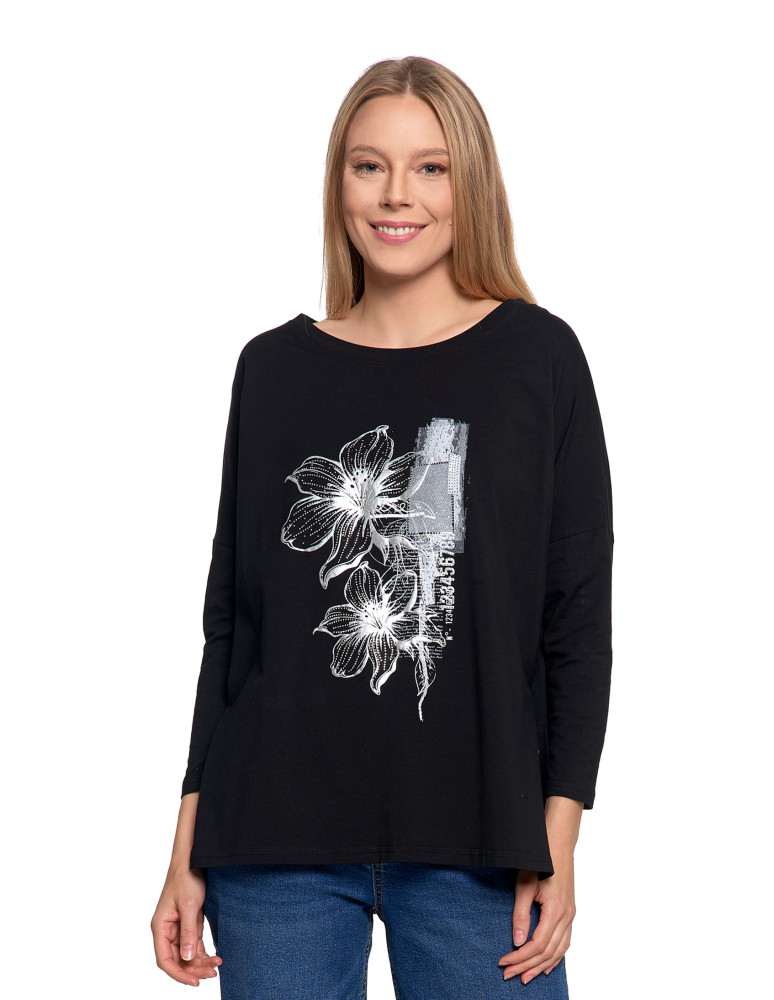 Bluzka damska bawełniana z nadrukiem kwiatowym i rękawem 3/4 CZARNY
