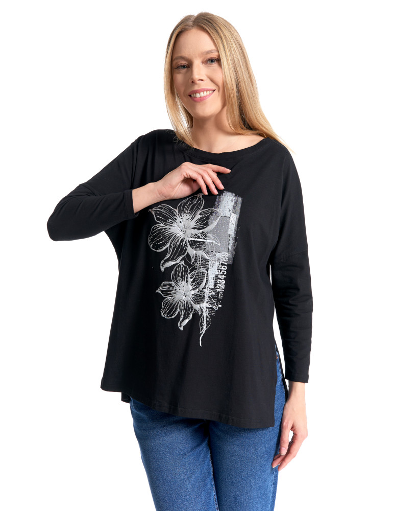 Bluzki i koszule - Bluzka damska bawełniana z nadrukiem kwiatowym i rękawem 3/4 CZARNY - produkt moraj.pl 6