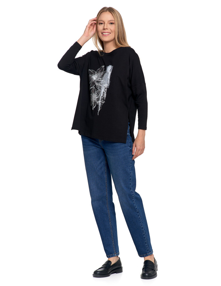 Bluzki i koszule - Bluzka damska bawełniana z nadrukiem kwiatowym i rękawem 3/4 CZARNY - produkt moraj.pl 7