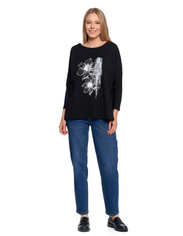 Bluzki i koszule - Bluzka damska bawełniana z nadrukiem kwiatowym i rękawem 3/4 CZARNY - produkt 5