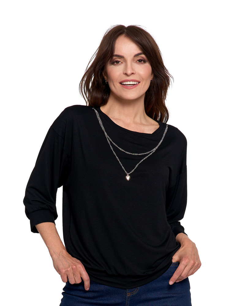 Bluzki i koszule - Bluzka damska bombka z łańcuszkiem i rękawem 3/4 CZARNY  - produkt moraj.pl 9