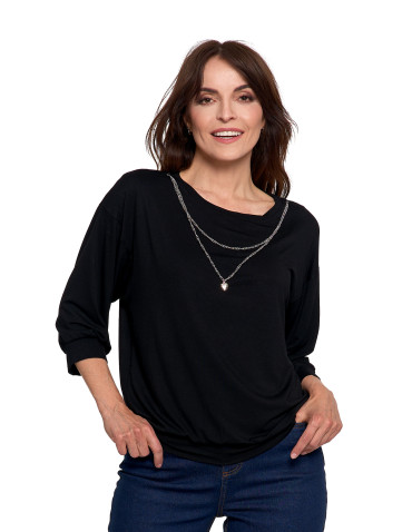 Bluzki i koszule - Bluzka damska bombka z łańcuszkiem i rękawem 3/4 CZARNY - produkt 2