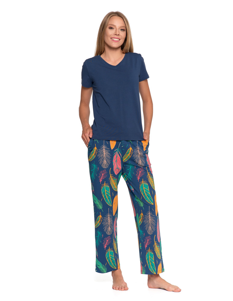 Krótki rękaw - Piżama damska z krótkim rękawem i długimi spodniami GRANATOWY - produkt moraj.pl 1