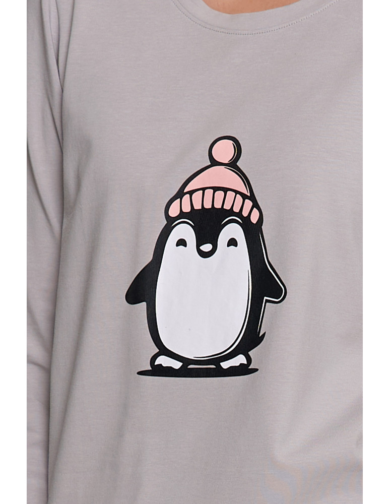 Długi rękaw - Piżama damska bawełniana z długim rękawem i nadrukiem pingwinka SZARY - produkt moraj.pl 4