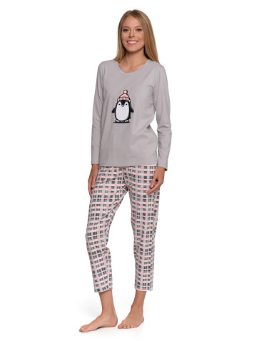 Długi rękaw - Piżama damska bawełniana z długim rękawem i nadrukiem pingwinka SZARY - produkt 6