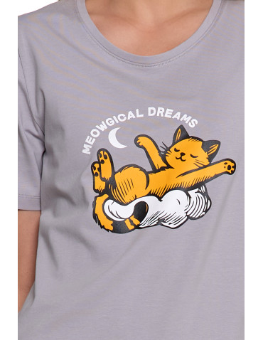 Krótki rękaw - Piżama damska bawełniana z krótkim rękawem i nadrukiem kotów SZARY - produkt 3