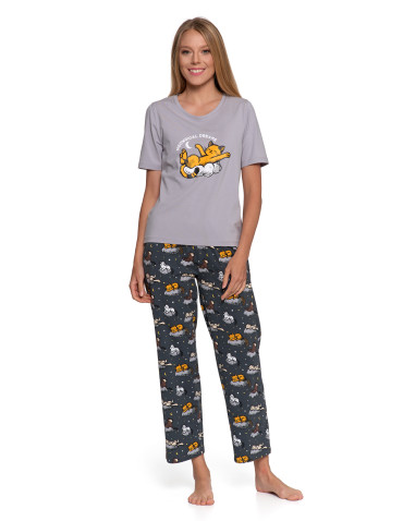 Piżama damska bawełniana z krótkim rękawem i nadrukiem kotów