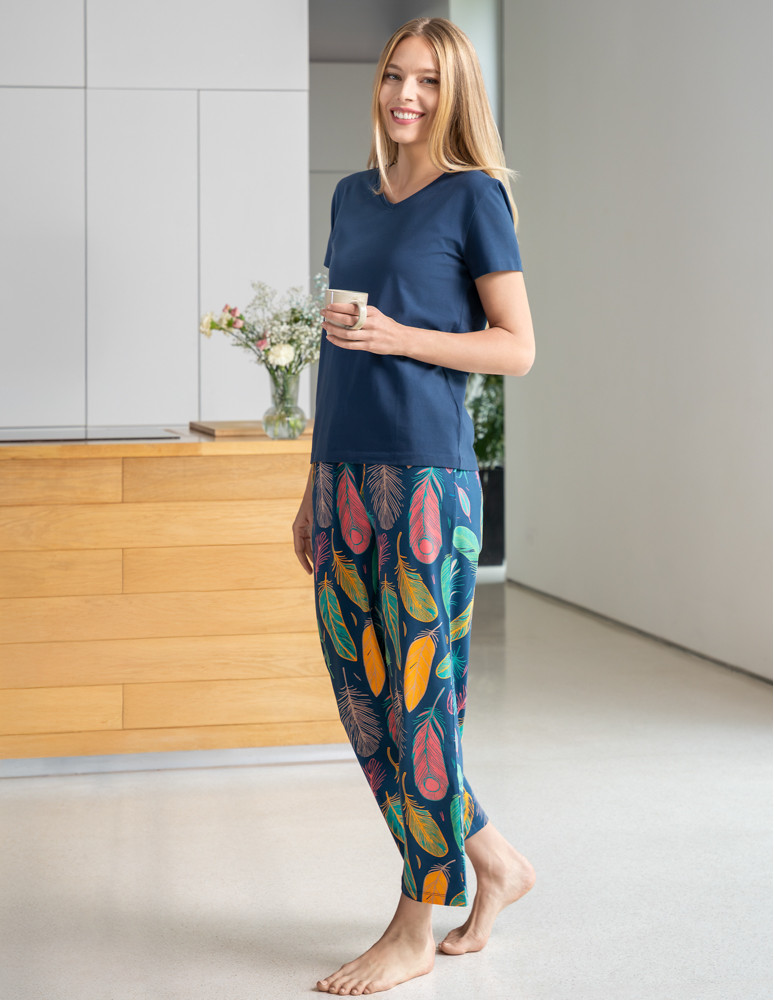 Krótki rękaw - Piżama damska z krótkim rękawem i długimi spodniami GRANATOWY - produkt moraj.pl 2