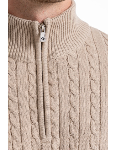 Swetry - Męski sweter dzianinowy z półgolfem i zamkiem BEŻOWY - produkt 6