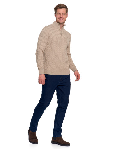 Swetry - Męski sweter dzianinowy z półgolfem i zamkiem BEŻOWY - produkt 4