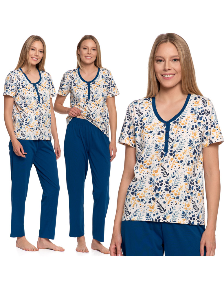 Krótki rękaw - Piżama damska bawełniana z koszulką rozpinaną GRANATOWY - produkt moraj.pl 5