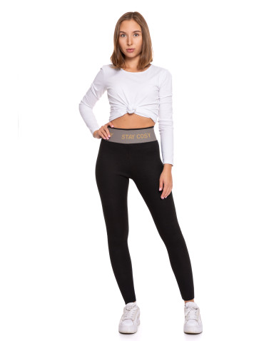 Legginsy - Legginsy damskie ocieplane w prążek wysoki stan CZARNY - produkt 1