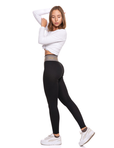 Legginsy - Legginsy damskie ocieplane w prążek wysoki stan CZARNY - produkt 4