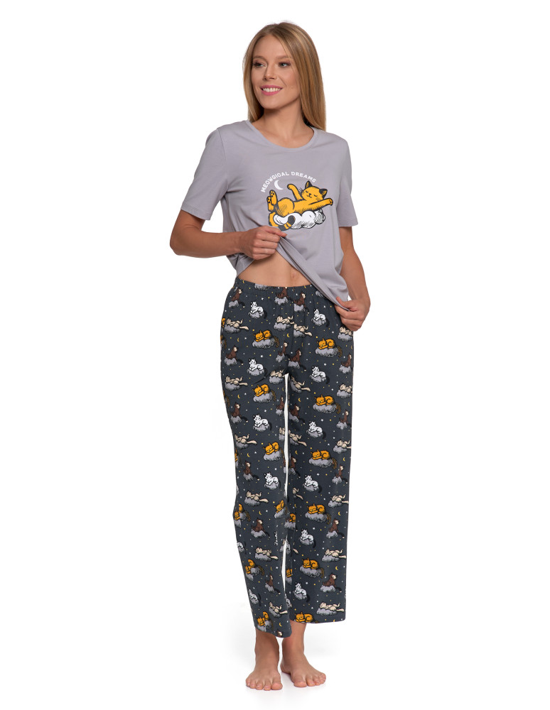 Krótki rękaw - Piżama damska bawełniana z krótkim rękawem i nadrukiem kotów SZARY - produkt moraj.pl 4