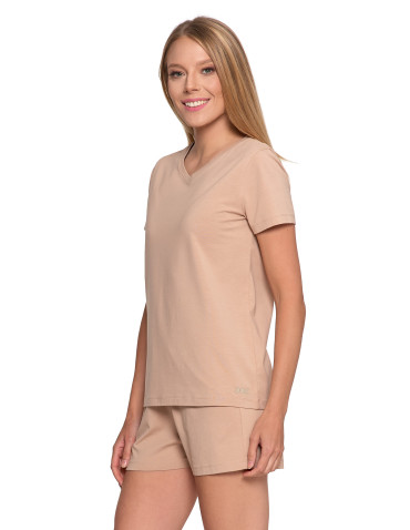 Nowości - Piżama damska bawełniana z krótkim rękawem i spodenkami BEŻOWY - produkt 3