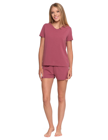 Nowości - Piżama damska bawełniana z krótkim rękawem i spodenkami CIEMNY RÓŻOWY - produkt 7
