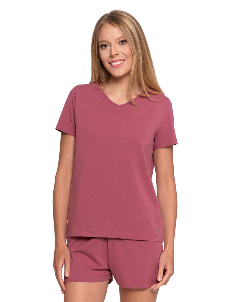 Piżama damska bawełniana z krótkim rękawem i spodenkami CIEMNY RÓŻOWY
