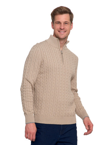 Swetry - Męski sweter dzianinowy z półgolfem i zamkiem BEŻOWY - produkt 7