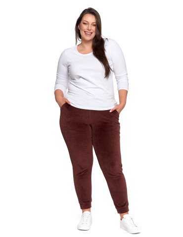 Spodnie damskie - Damskie spodnie dresowe welurowe z bawełny BRĄZOWY - produkt 7