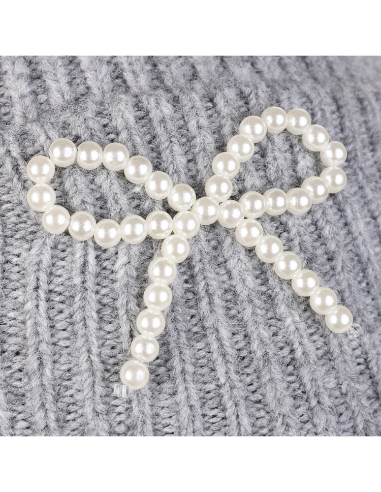 Czapki - Czapka damska zimowa z wełną i kokardką z perełek SZARY  - produkt moraj.pl 2