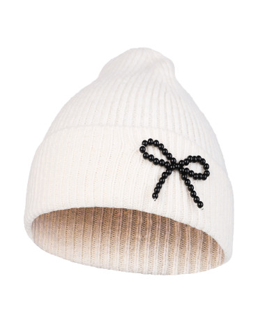 Czapki - Czapka damska zimowa z wełną i kokardką z perełek BIAŁY - produkt 1