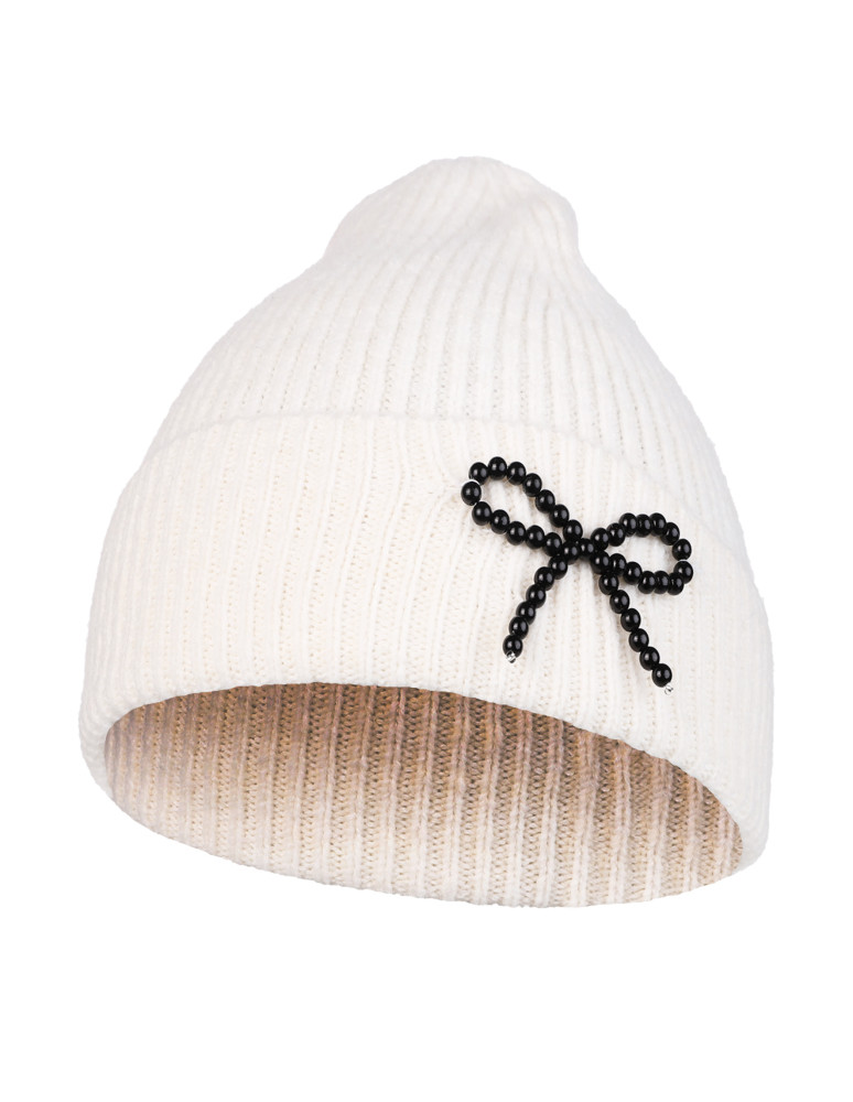 Czapki - Czapka damska zimowa z wełną i kokardką z perełek BIAŁY - produkt moraj.pl 1