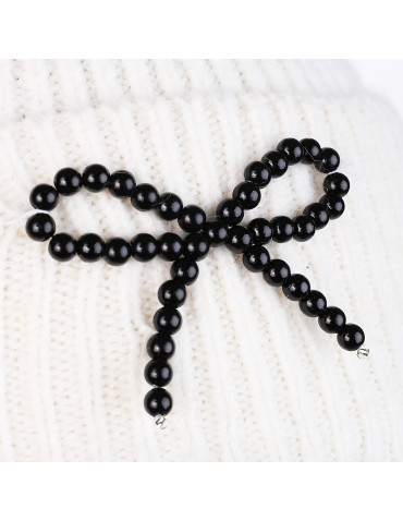 Czapki - Czapka damska zimowa z wełną i kokardką z perełek BIAŁY - produkt 2