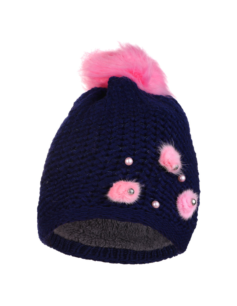 Czapka dziecięca zimowa z pomponem i ozdobami GRANATOWY