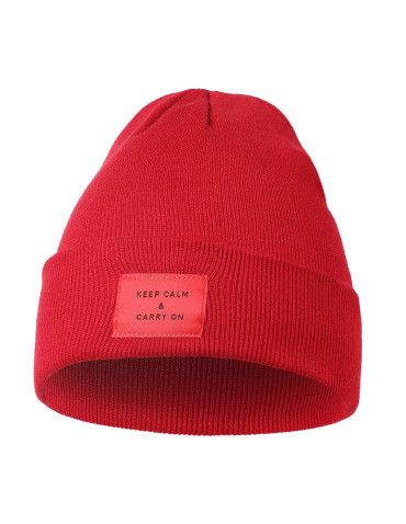 Czapki - Czapka damska beanie klasyczna z naszywką CZERWONY - produkt 1