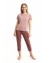 Piżama damska krótki rękaw bawełniana z dekoltem V BEŻOWY