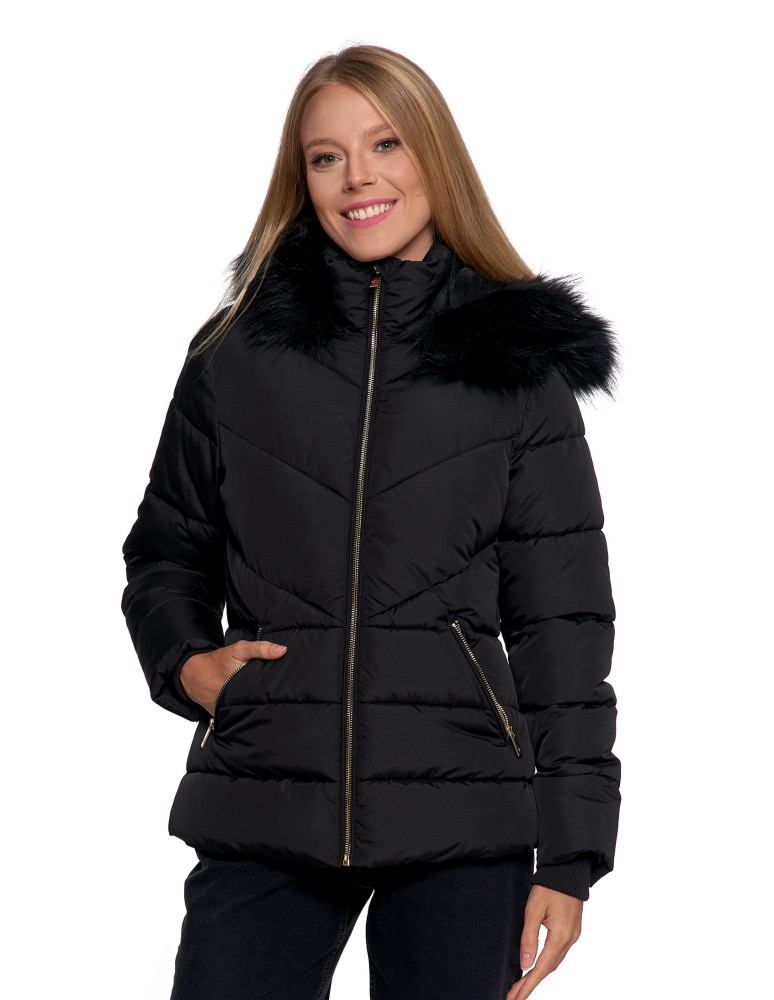 Damska kurtka pikowana z futerkiem CZARNY