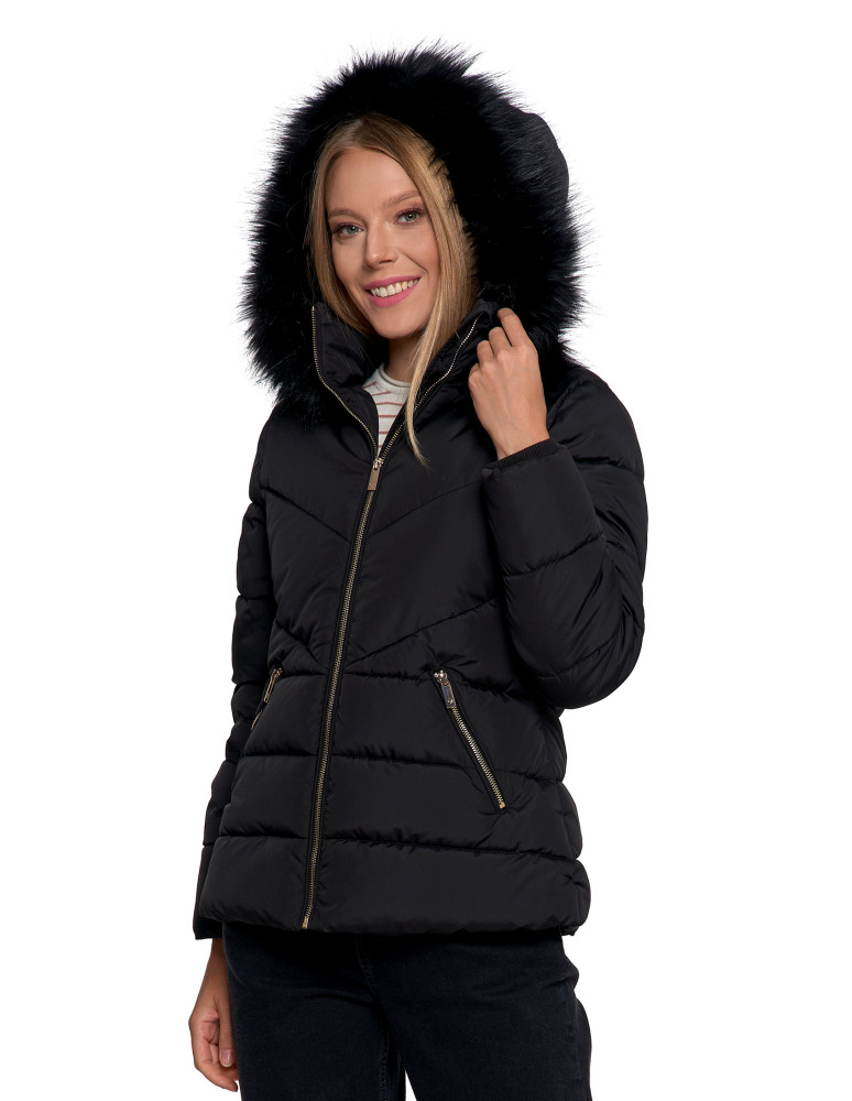 Odzież wierzchnia - Damska kurtka pikowana z futerkiem CZARNY - produkt moraj.pl 11