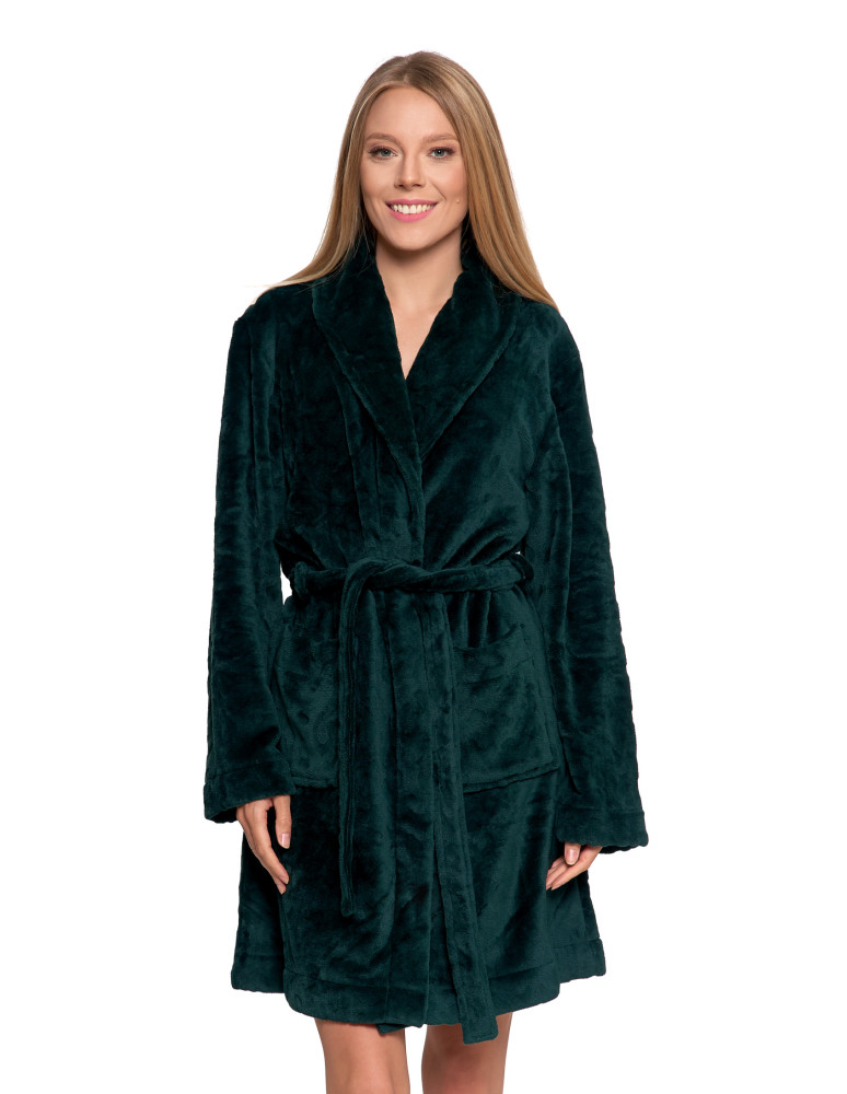 Szlafrok ciepły damski z wiązaniem bez kaptura ZIELONY