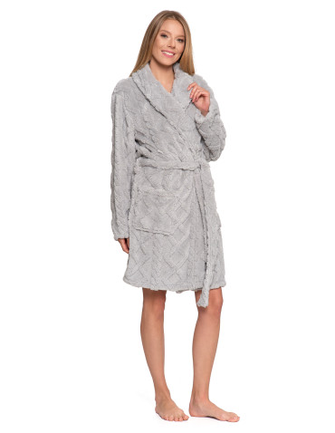 SZLAFROKI - Ciepły szlafrok damski do kolan z wiązaniem SZARY - produkt 10