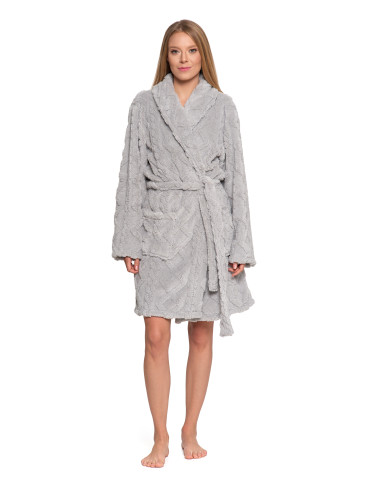 SZLAFROKI - Ciepły szlafrok damski do kolan z wiązaniem SZARY - produkt 9