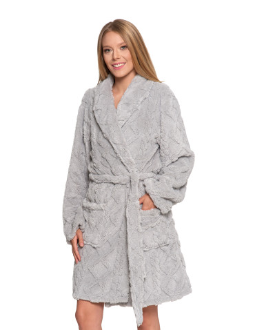 SZLAFROKI - Ciepły szlafrok damski do kolan z wiązaniem SZARY - produkt 7