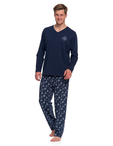 Długi rękaw - Piżama męska bawełniana z nadrukiem kompasu GRANATOWY - produkt 5